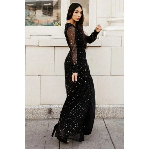 Baltic Born Abigail Sparkle Gown Black Gold Sequins Semi Sheer V Neck Medium New - Picture 2 of 14